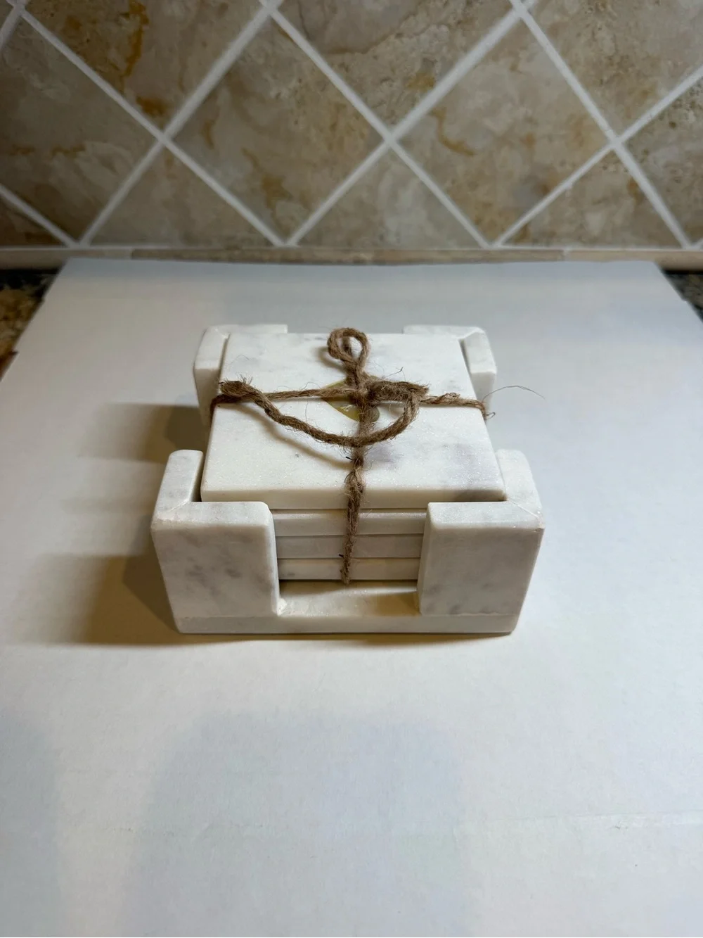Creative Co-Op Set of 4 Square White Marble Coasters w/ Marble Holder India